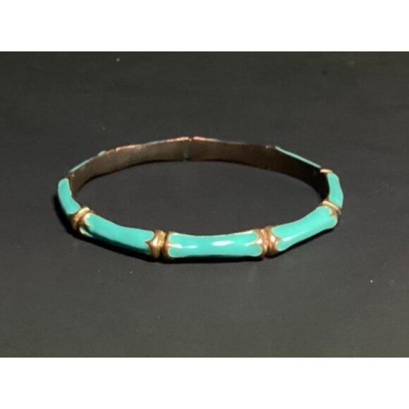 Vtg Fornash Gold Tone Metal and Pastel Teal Enamel Bangle Bracelet Bamboo Design - Picture 3 of 9